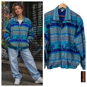 NWT Deadstock Vintage Fuda International 100% Silk Bomber Track Jacket XL Floral